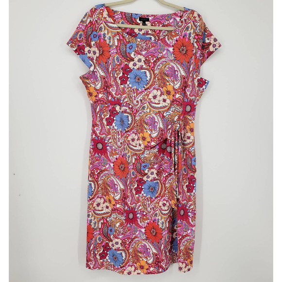 Talbots Island Floral Paisley Dress XL Knot Tie Catalina Cloth Short Sleeve Pink - Picture 2 of 13